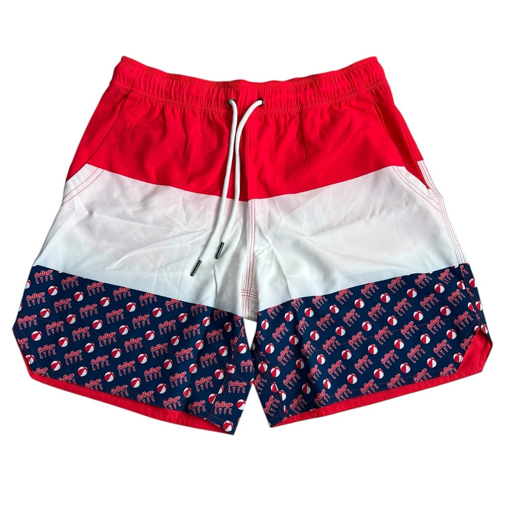 Mens No Mesh Swimming Swim Trunks Shorts Small Red White Blue